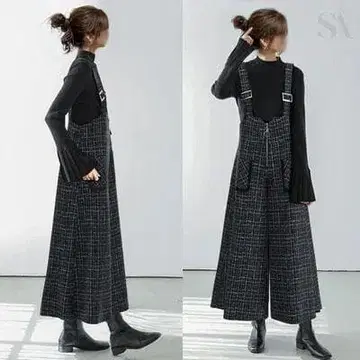 살로펫 올인원 와이드 팬츠 루즈핏 체크 바지 출퇴근 오피스