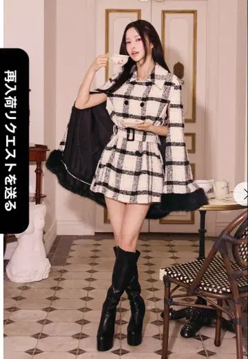 RANDY 아우터 격자 무늬 트위드 퍼 판초