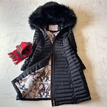 HUNTER 헌터 롱 다운 코트 블랙 후드 올빼미 패턴 레어 M