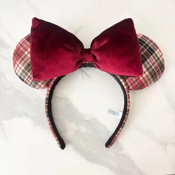 디즈니 미니 머리띠 빨간색 체크 무늬