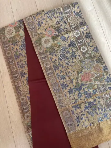 럭셔리! 꽃무늬 후쿠로 오비 순수 실크 골드 컬러