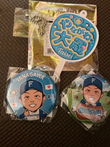 야나가와 타이세이 부채 키체인, 캔뱃지