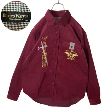 레트로 구제 의류 골드 엠블럼 & 소드 빅 자수 보르도 코듀로이 셔츠