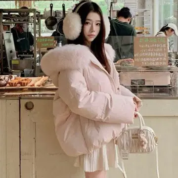 다운 자켓 한국 스타일 퍼 카라 부착 핑크