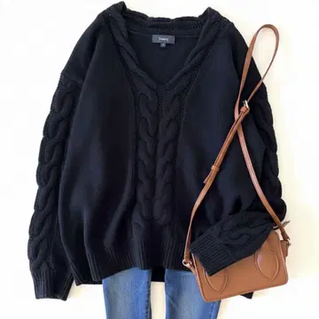 띠어리 케이블 니트 캐시미어 혼방 V넥 블랙