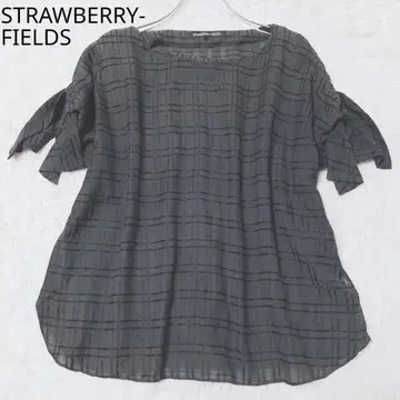스트로베리 필드 체크 시어 보트넥 리본 블라우스 그레이