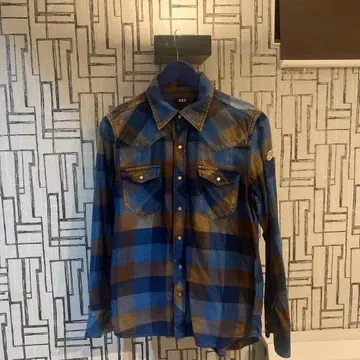 TMT 파랑 브라운 체크 무늬 긴팔 플란넬 셔츠