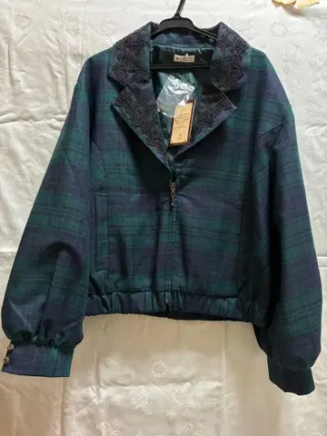 타탄 체크 자켓 레이스 옷깃 벌룬 슬리브 자켓