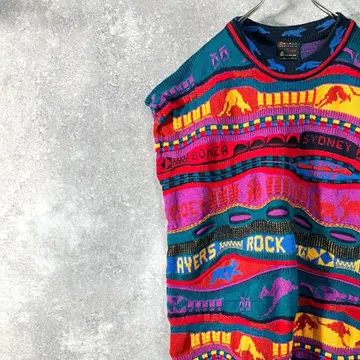 EMAROO 니트 스웨터 민소매 멀티 컬러 올 패턴 로우 게이지 울