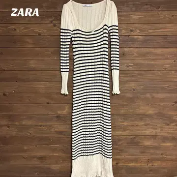 [ 자라 ] ZARA 블랙 보더 롱 코튼 니트 원피스 타이트 M
