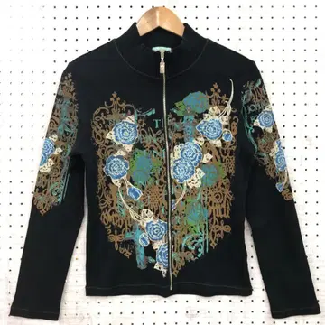 00년대 보헤미안 구제 의류 십자가 참 장미 프린트 집업 블루종