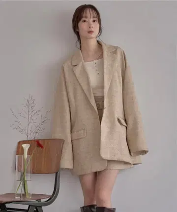 mideal 마이딜 디자인 트위드 오버 자켓 베이지