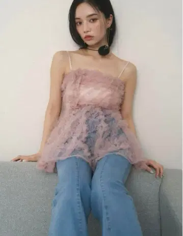 스나이델 SNIDEL 튤 자수 페플럼 상의 핑크