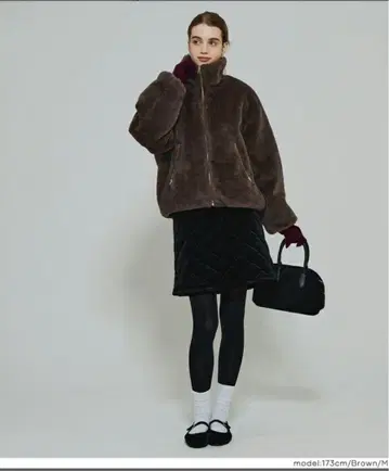 워셔블 인조 모피 스탠드 카라 블루종 브라운 M coca