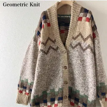 핸드 니트 기하학 패턴 굵은 짜임 네프 니트 가디건 베이지 계열