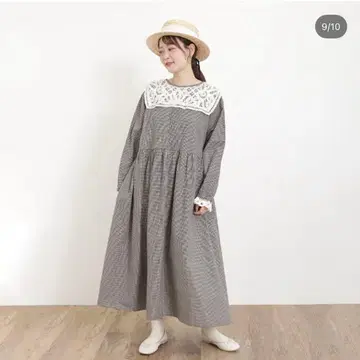 Samansa Mos2 2WAY 롱 원피스 체크 레이스 옷깃 소매