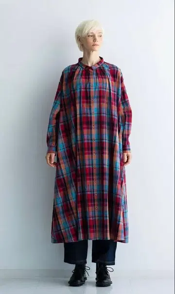 이스타일 체크 무늬 작은 옷깃 넥 개더 원피스