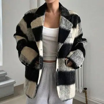 DAZY 버팔로 체크 패턴 라펠 넥 더블 포켓