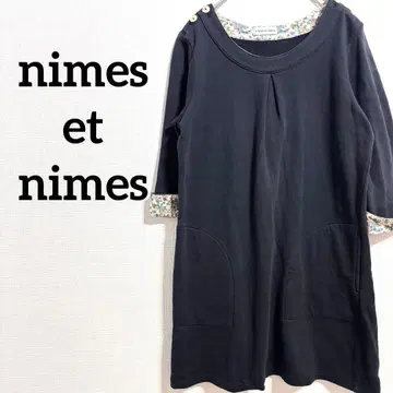 176 니임에니임 7부 기장 튜닉 상의 꽃무늬 무지 속기모 네이비 컬러