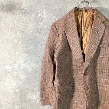 빈티지 해리스 트위드 자켓 브라운 체크 싸개 버튼
