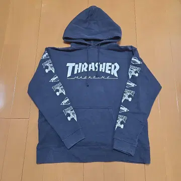 THRASHER 후드티 네이비 소매 프린트 XL