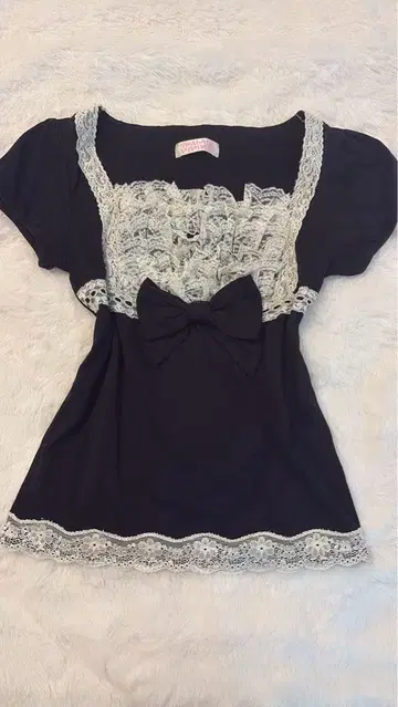 헤이세이 갸루 Y2K 레이스 리본 블랙 상의