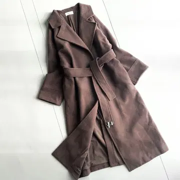 Mila Owen 롱 가운 코트 울 혼방 벨트 포함 브라운