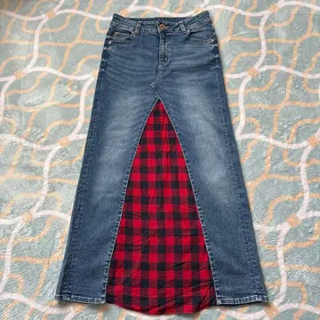 데님 체크 롱 스커트