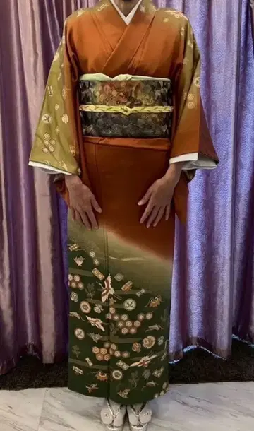 호몬기 5점 세트 그린~홍차 그라데이션 등 문장 기모노