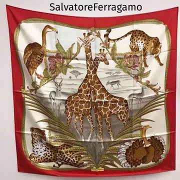미사용 살바토레 페라가모 실크 스카프 기린, 레오파드 무늬 빨간색