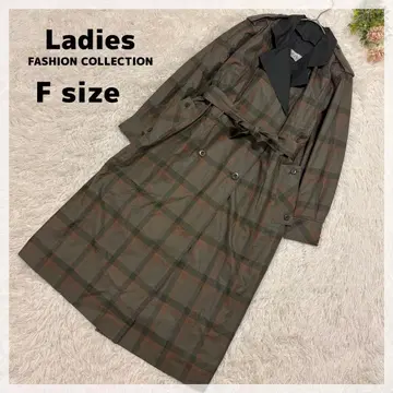 여성용 일본제 롱 트렌치코트 F 카키 체크 베스트 라이너 포함
