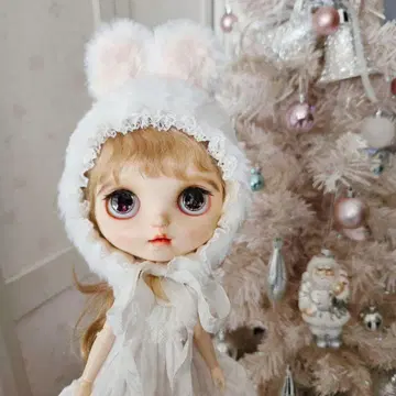 네오 브라이스 네오 아이시 인형용 화이트의 복슬복슬 토끼 귀 모자 1점