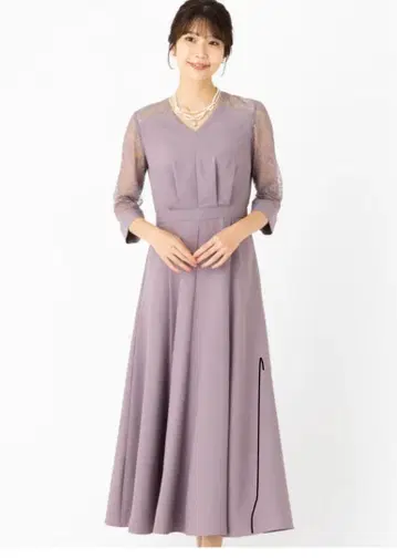 에메 플라워 레이스 소매 종아리 기장 드레스