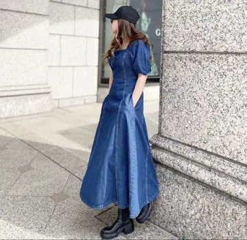 완판 아이템 ZARA 스퀘어넥 데님 퍼프 슬리브 맥시 원피스