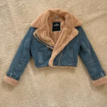 데님 인조 모피 크롭 자켓