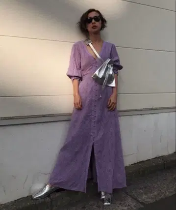 AMERI 퍼플 롱 원피스 긴팔