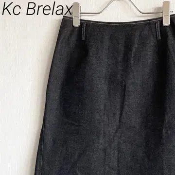Kc Brelax 무릎 기장 데님 스커트 A라인 화이트 스티치 심플