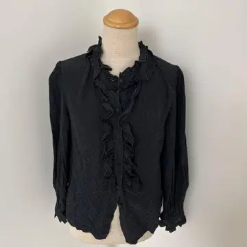 프릴 장식 블랙 긴팔 셔츠 긴팔 셔츠 프릴 블라우스 도트 쇼와 레트로