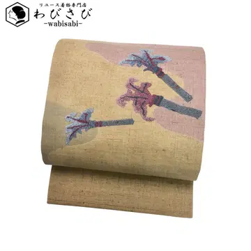 나고야 오비 자수 패턴 풀꽃 무늬 염색 분할  마른 들판색 O-3510