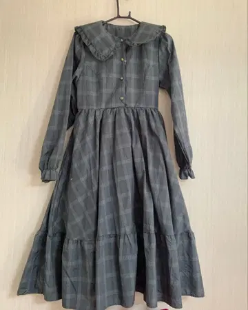 아오키 미사코 체크 무늬 세일러 카라 원피스 다크 그린 시마무라 시마미사