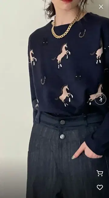 말 패턴 니트 스웨터 긴팔 네이비