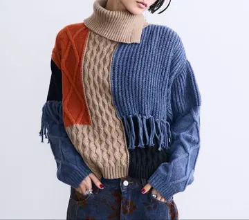 새상품 MONOe 패치워크 프린지 터틀 니트