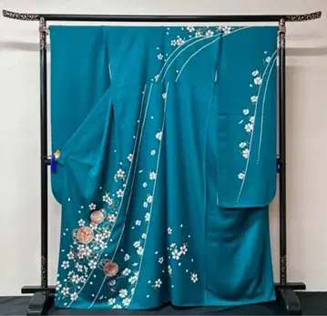 후리소데 맞춤 제작 완성 파랑 터콰이즈 고전 후리소데 일본풍 패턴