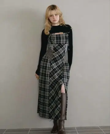 andmary Nadia check long dress black
