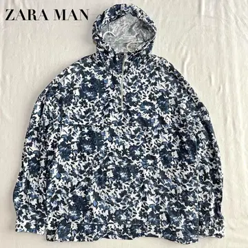 ZARA MAN 꽃무늬 풀오버 올 패턴 하프 지퍼 린넨 후드티 XL