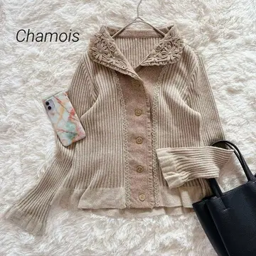 Chamois 가디건 긴팔 리브 꽃 자수 플레어 슬리브 캐시미어 혼방 L