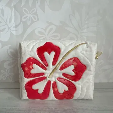 [ 재고 세일 ] 하와이안 퀼트 스퀘어 파우치 소 하이비스커스 모티브