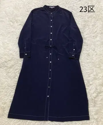 23구 롱 원피스 셔츠 노카라 긴팔 빅 사이즈 48 네이비