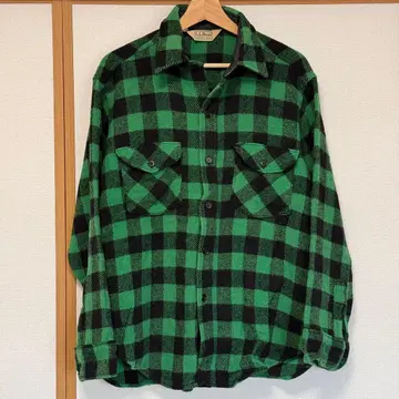 80s L.L.Bean 그린 체크 울 플란넬 셔츠 빈티지
