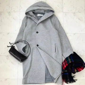 새상품급 갤러리 바이 캐시미어 울 후드 부착 코트 그레이